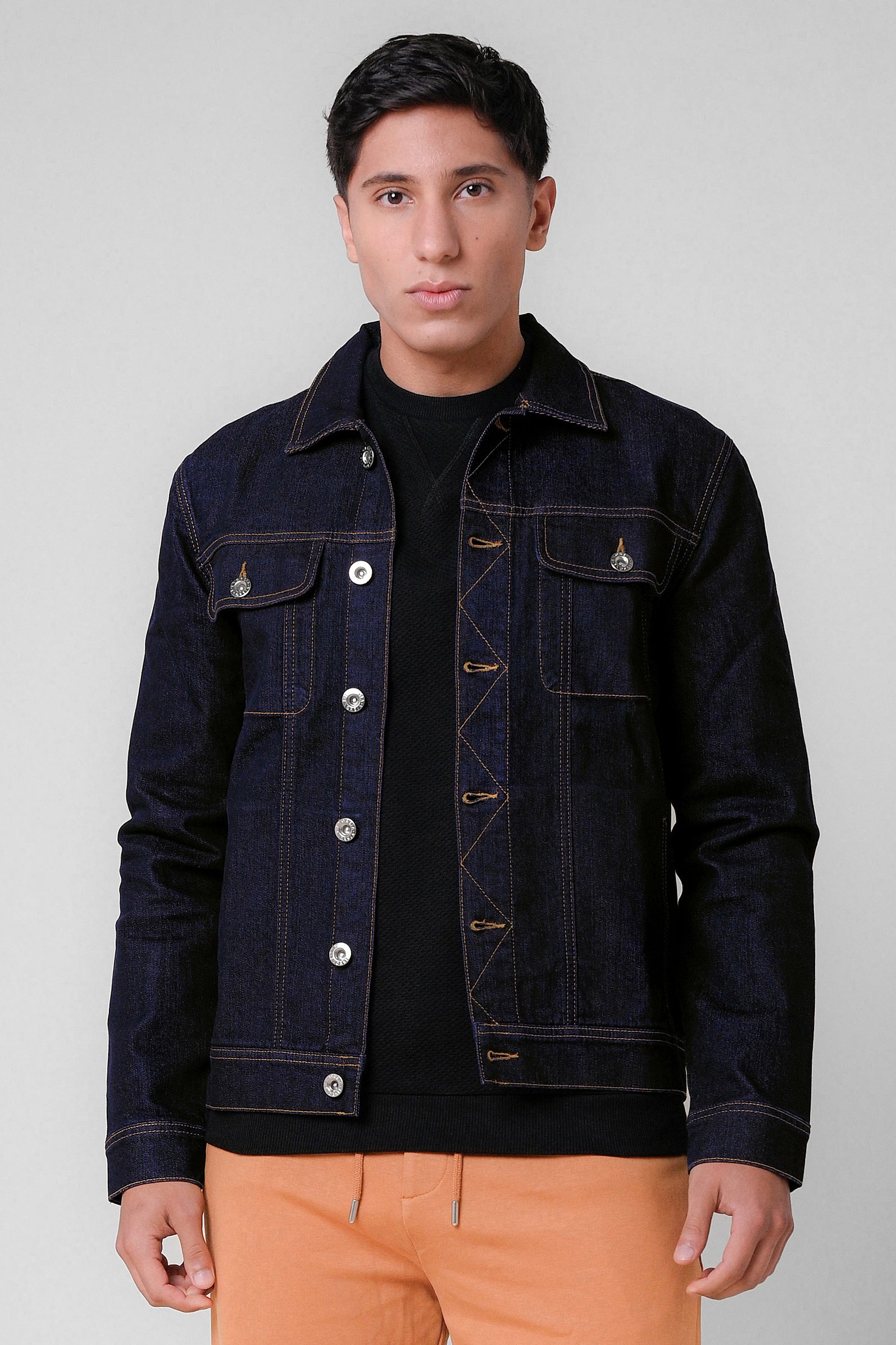 Enorsia Men's Black Dark Wash Long Sleeve Raw Denim Jacket - Uk Xl