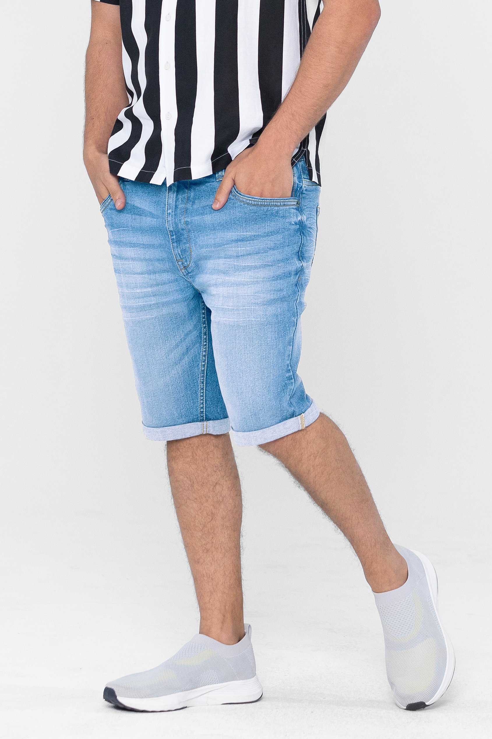 Enorsia Men's Light Blue Skinny Fit Turned Denim Shorts - Uk 36