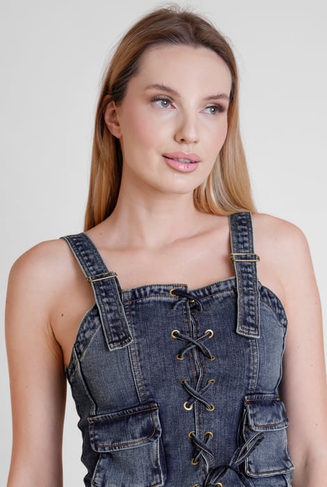 Navy Lace-Up Front Fitted Denim Crop Vest