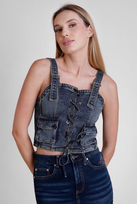 Navy Lace-Up Front Fitted Denim Crop Vest