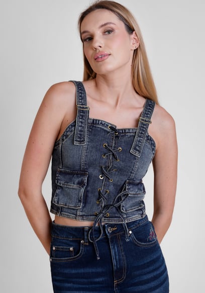 Lace-Up Front Fitted Denim Crop Vest