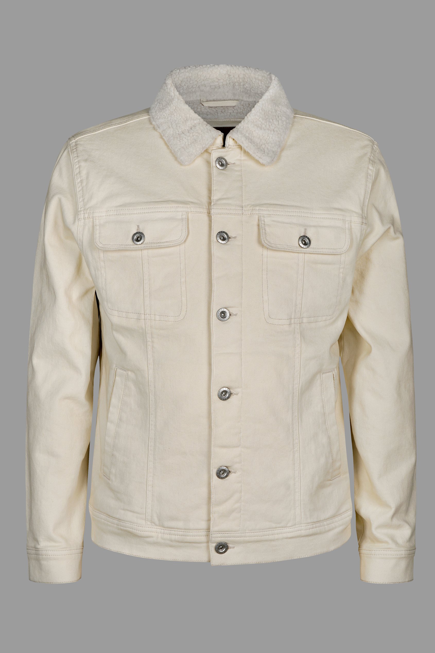 Enorsia Men's Cream Borg Lined Ecru White Denim Jacket - Uk M