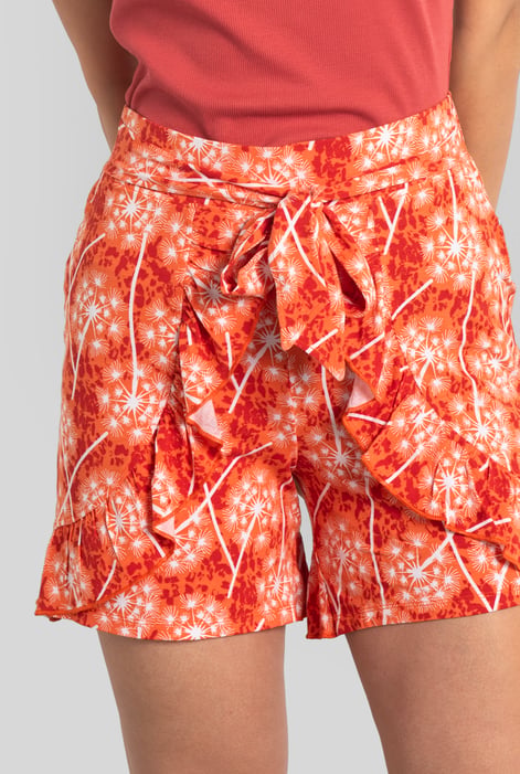 Women's Orange Ruffle Tie-Front Dandelion Printed Shorts