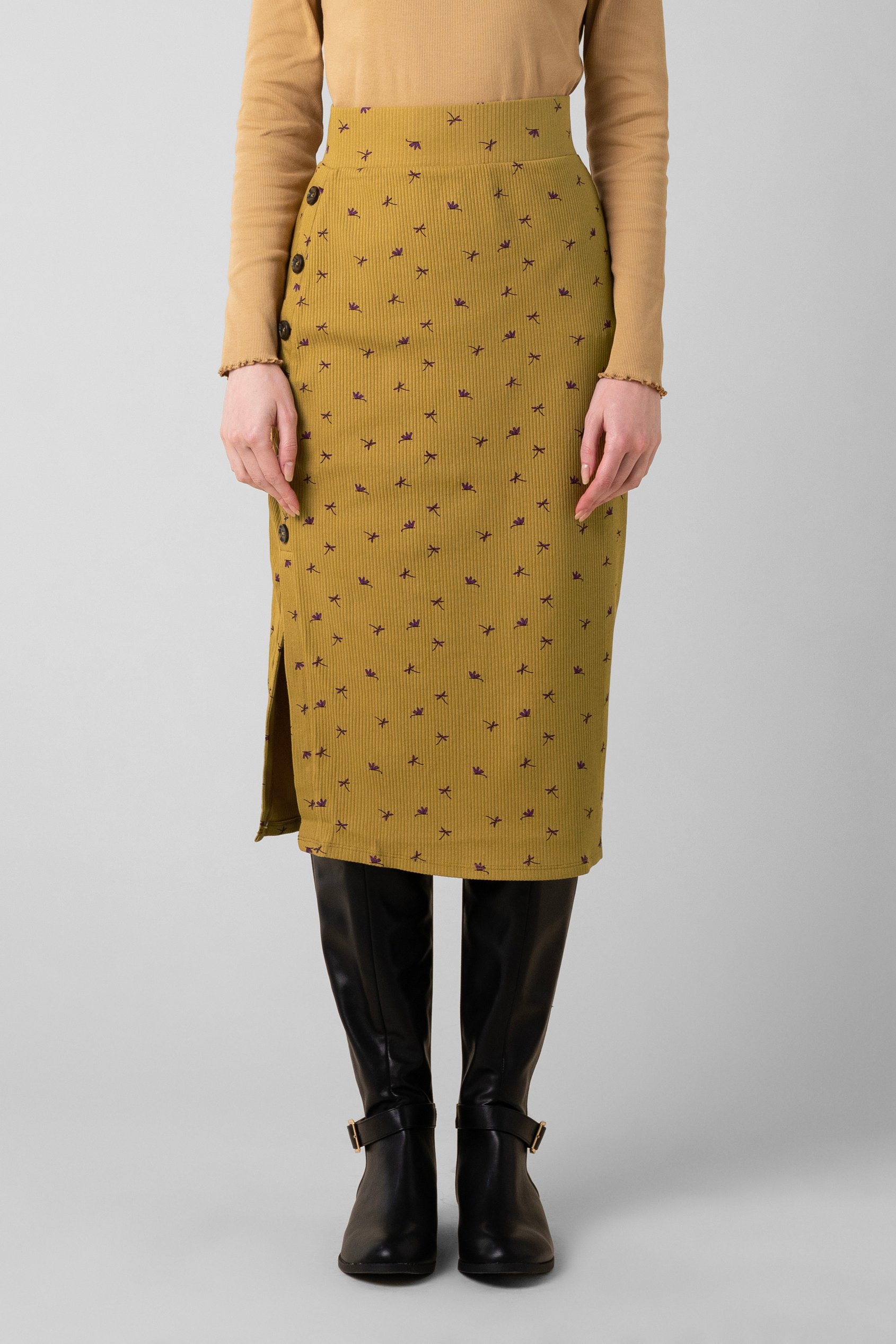 Enorsia Women's Yellow Side Button Split Ribbed Skirt - Uk 18