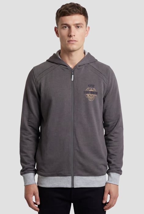 Mens Grey Wave Full Zip  Contrast Hoodie