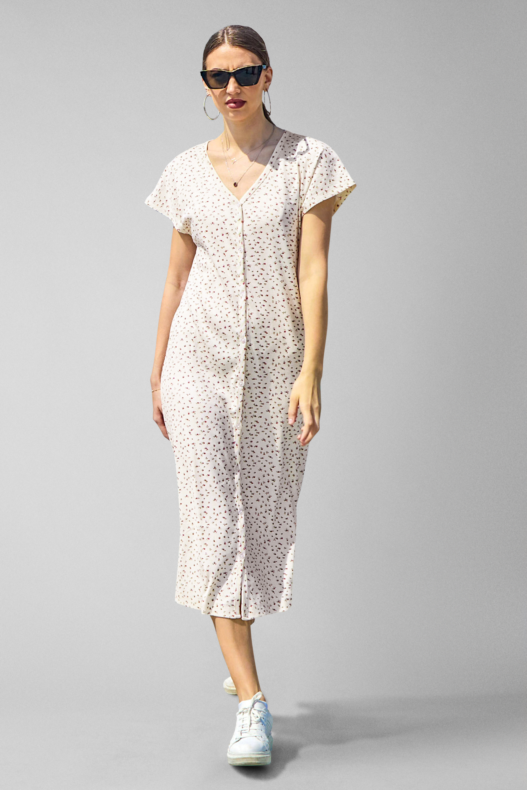 Button Front Printed Ribbed Midi dress