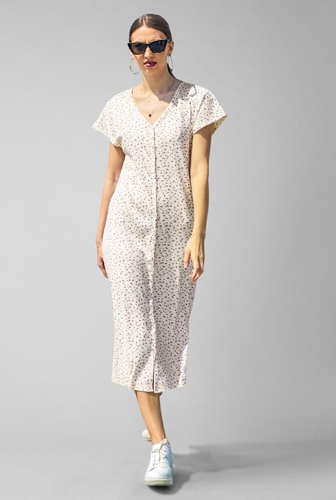 Pink Button Front Printed Ribbed Midi dress