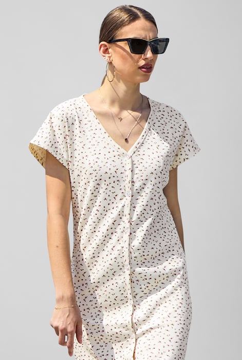 White Button Front Printed Ribbed Midi dress