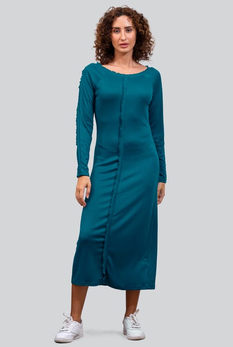 Red Ruffle Seam Midaxi Rib Dress
