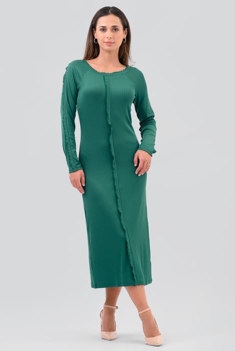 Red Ruffle Seam Midaxi Rib Dress
