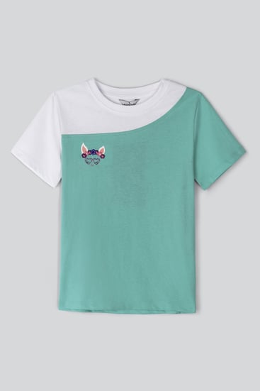 Girl's Blue Colour Block T-shirt