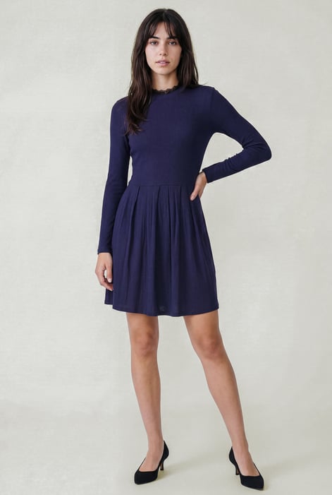 Pink Ribbed Jersey Mini Dress With Lace Neck