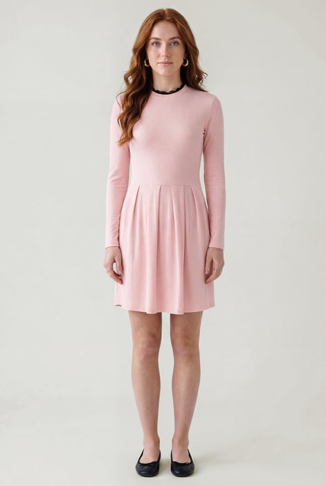 Pink Ribbed Jersey Mini Dress With Lace Neck