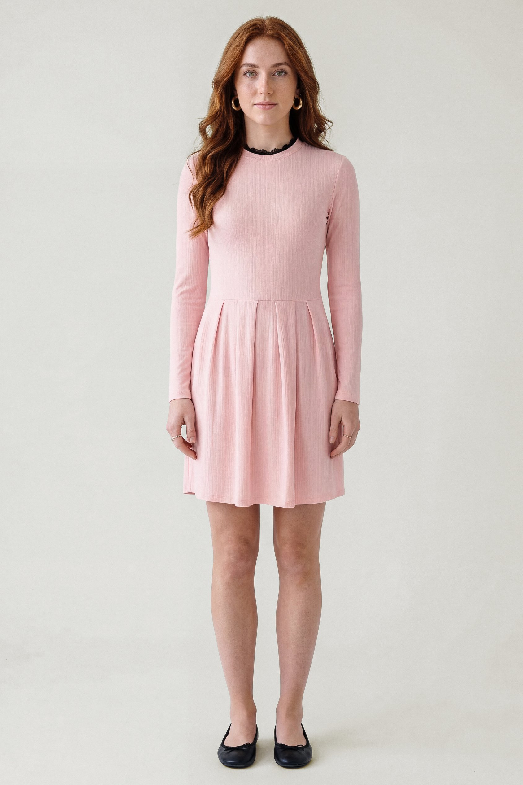 Enorsia Women's Pink Ribbed Jersey Mini Dress With Lace Neck - Uk 14