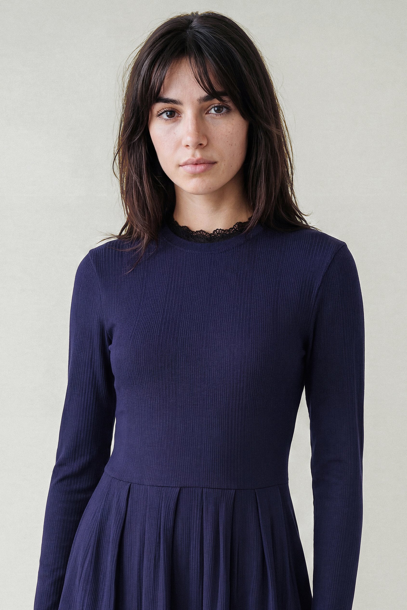 Ribbed Jersey Mini Dress With Lace Neck