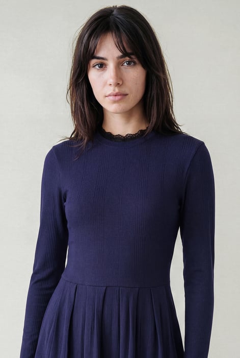 Navy Ribbed Jersey Mini Dress With Lace Neck