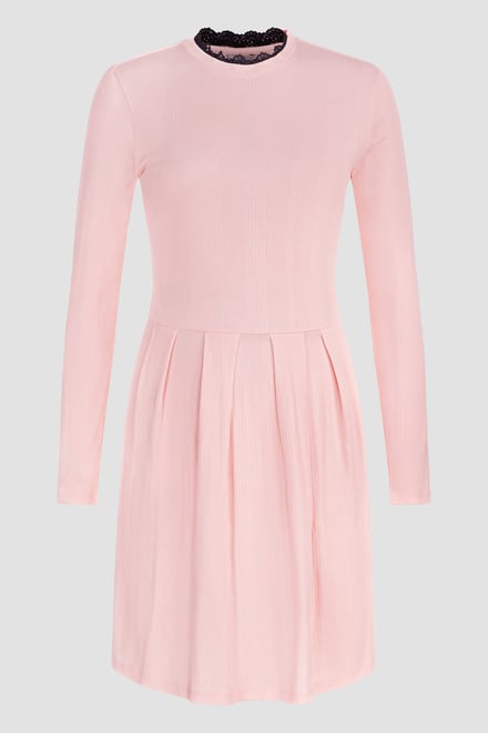 Ribbed Jersey Mini Dress With Lace Neck