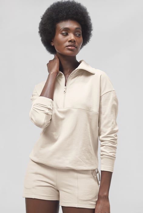 Women’s White Quarter Zip Relaxed Sweatshirt and Short Set | Enorsia