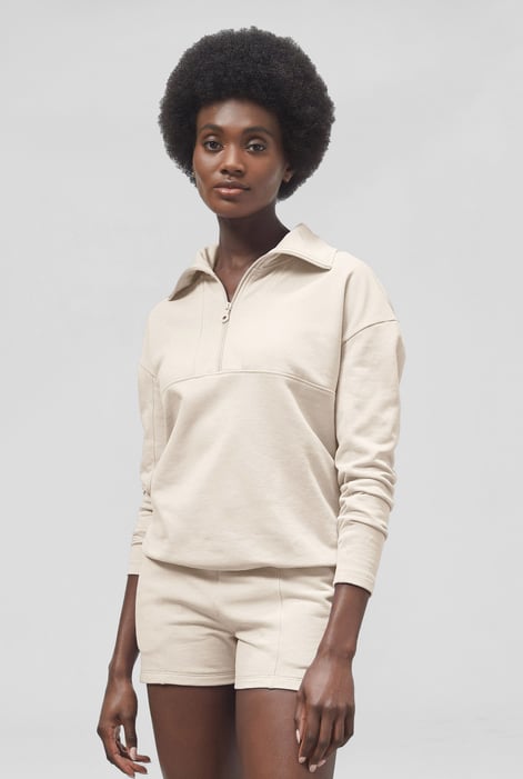 Women’s White Quarter Zip Relaxed Sweatshirt and Short Set | Enorsia