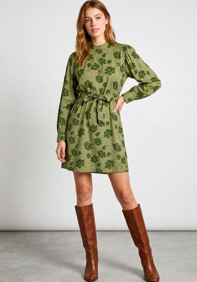 High Neck Green Floral Belted Mini Dress