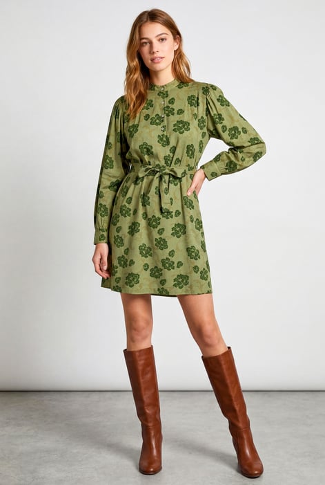 Green High Neck Green Floral Belted Mini Dress