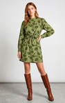 High Neck Green Floral Belted Mini Dress