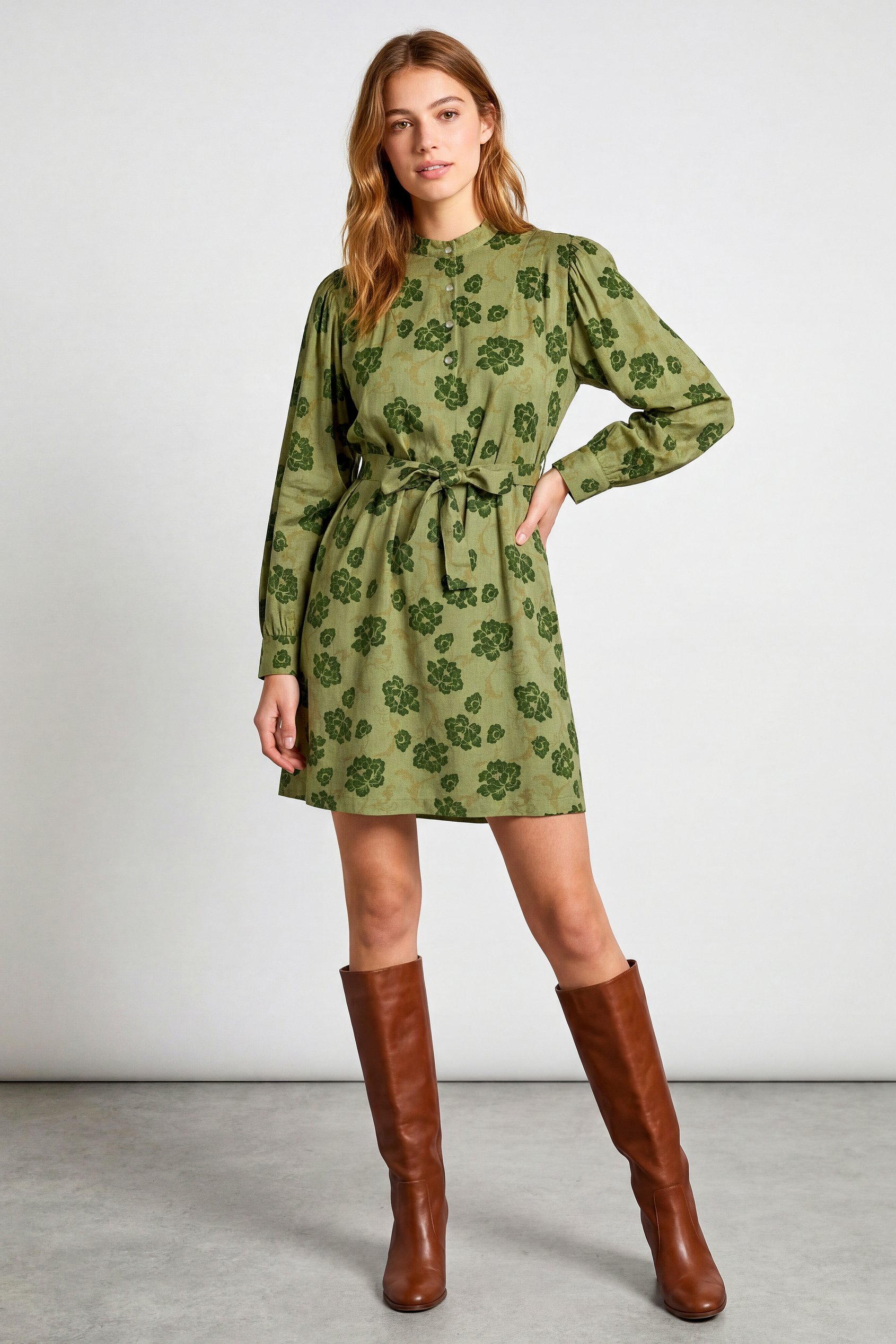 Enorsia Women's Green High Neck Floral Belted Mini Dress - Uk 8