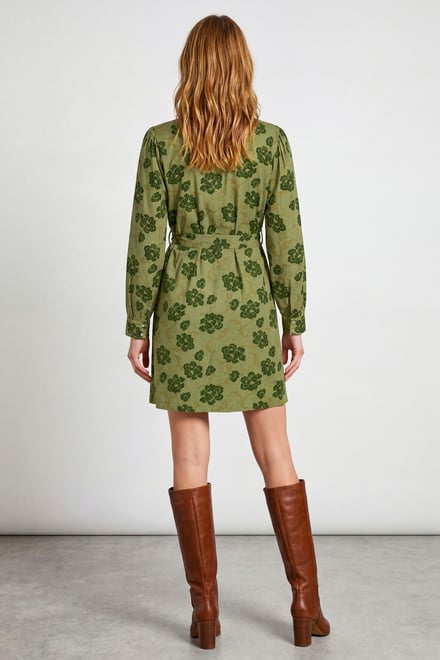 High Neck Green Floral Belted Mini Dress