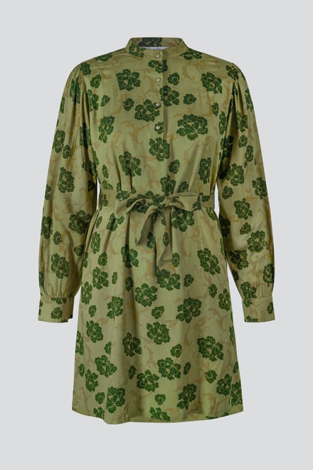 High Neck Green Floral Belted Mini Dress
