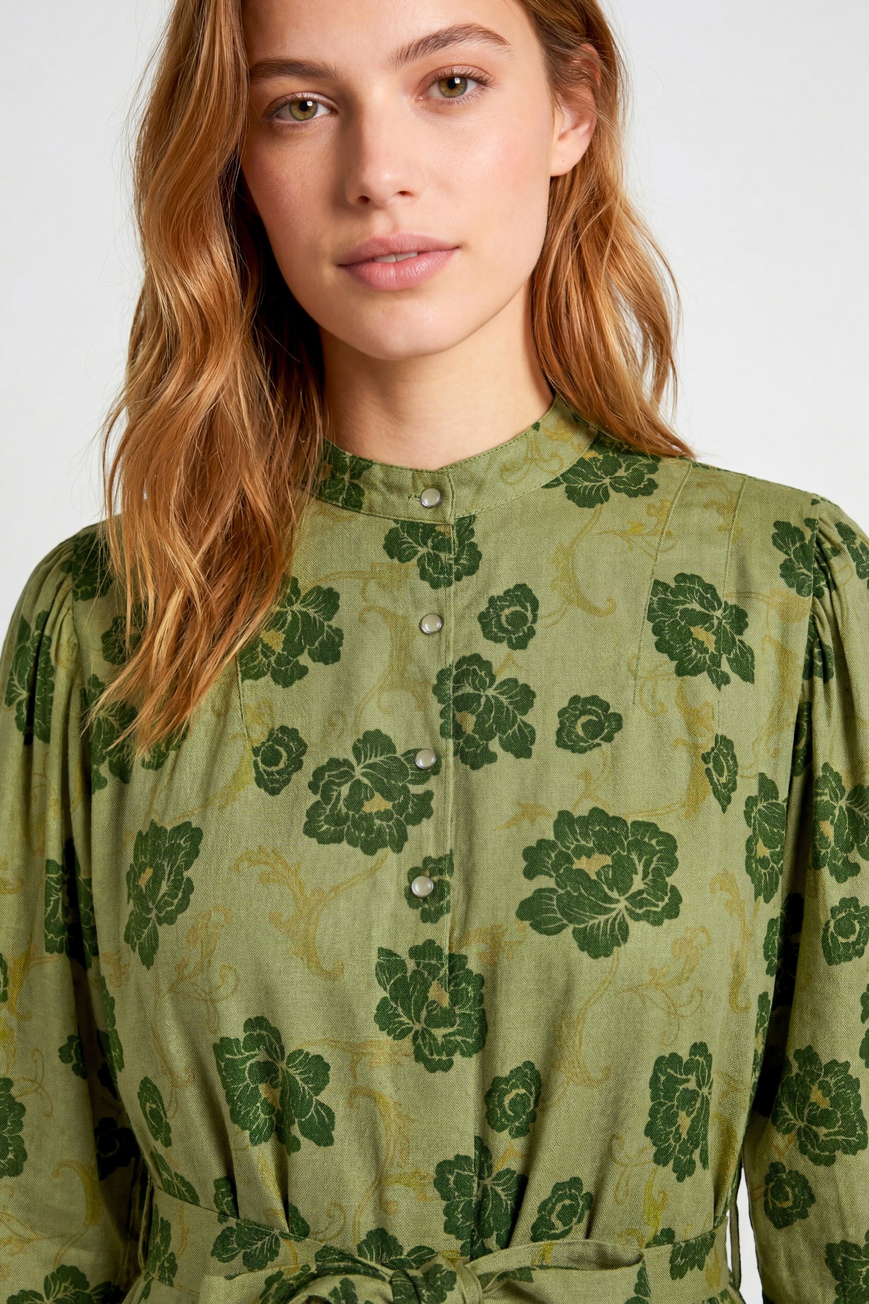 High Neck Green Floral Belted Mini Dress