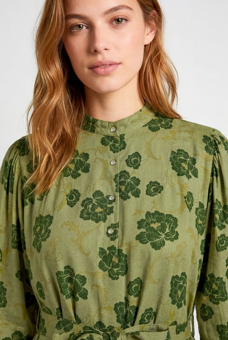 Green High Neck Green Floral Belted Mini Dress