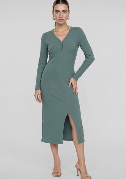 Womens Front Slit Ribbed Midi Dress
