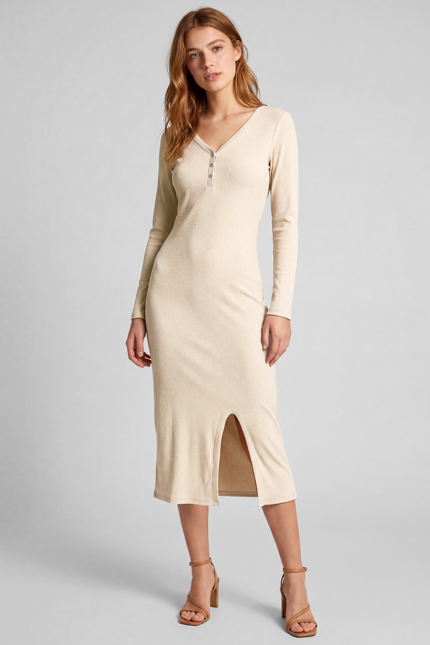 Womens Front Slit Ribbed Midi Dress