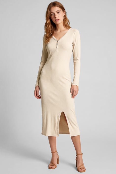 Womens Cream Front Slit Ribbed Midi Dress