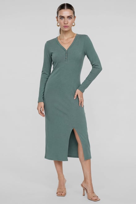 Womens Front Slit Ribbed Midi Dress