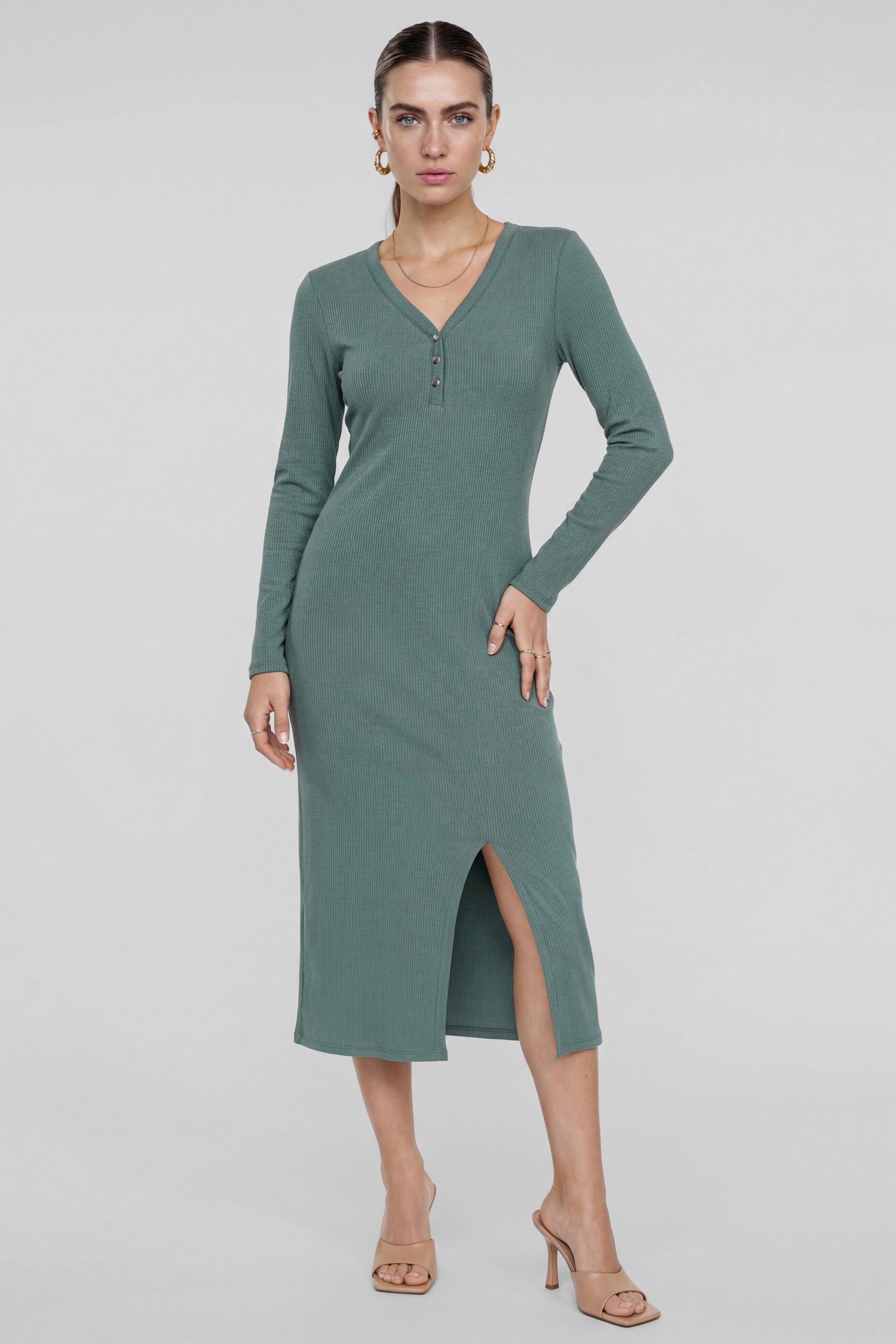 Womens Front Slit Ribbed Midi Dress