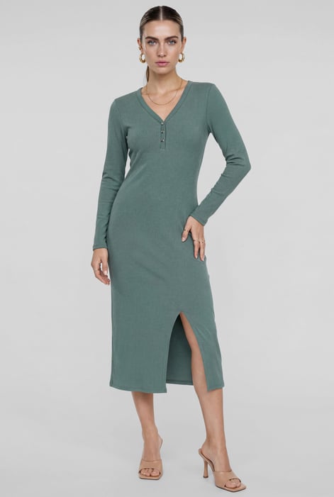 Womens Cream Front Slit Ribbed Midi Dress