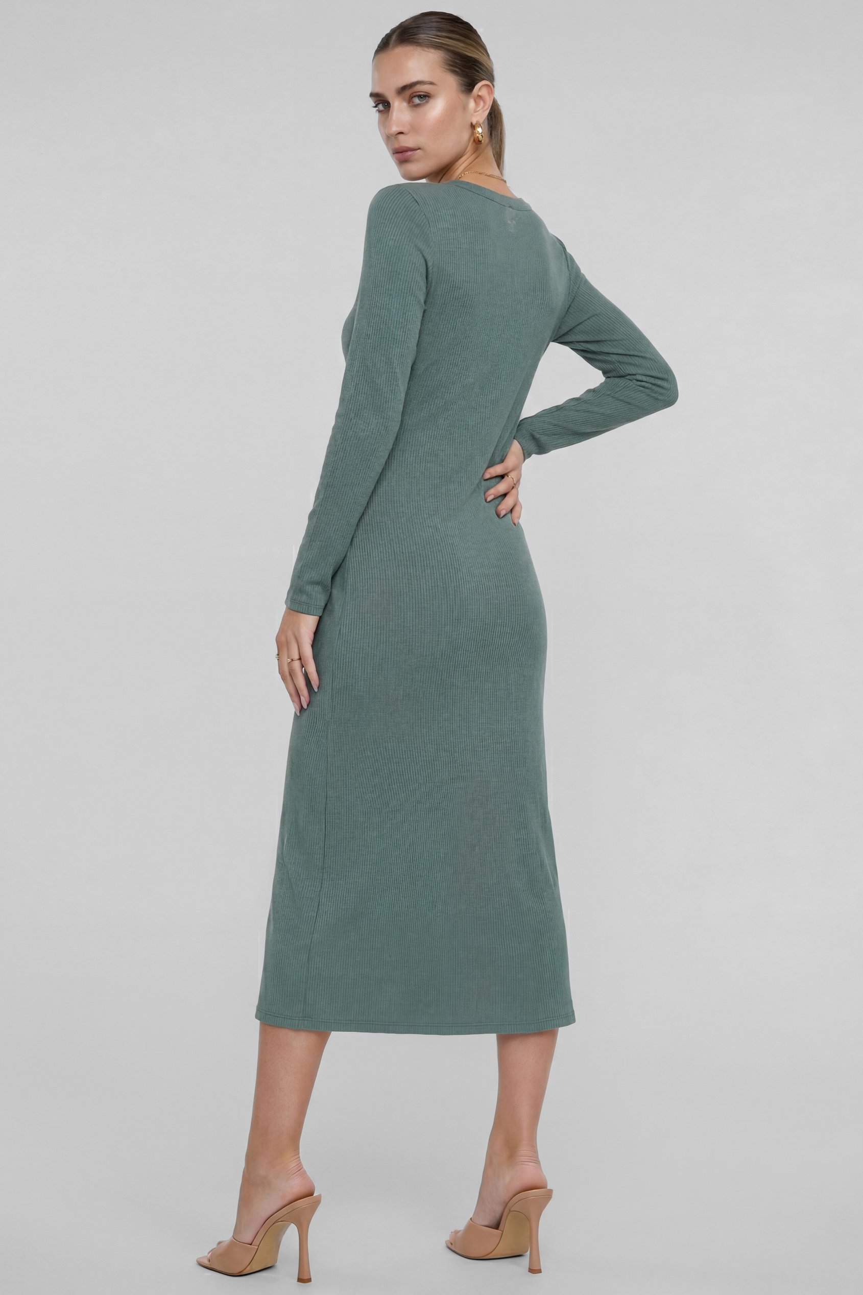 Womens Front Slit Ribbed Midi Dress