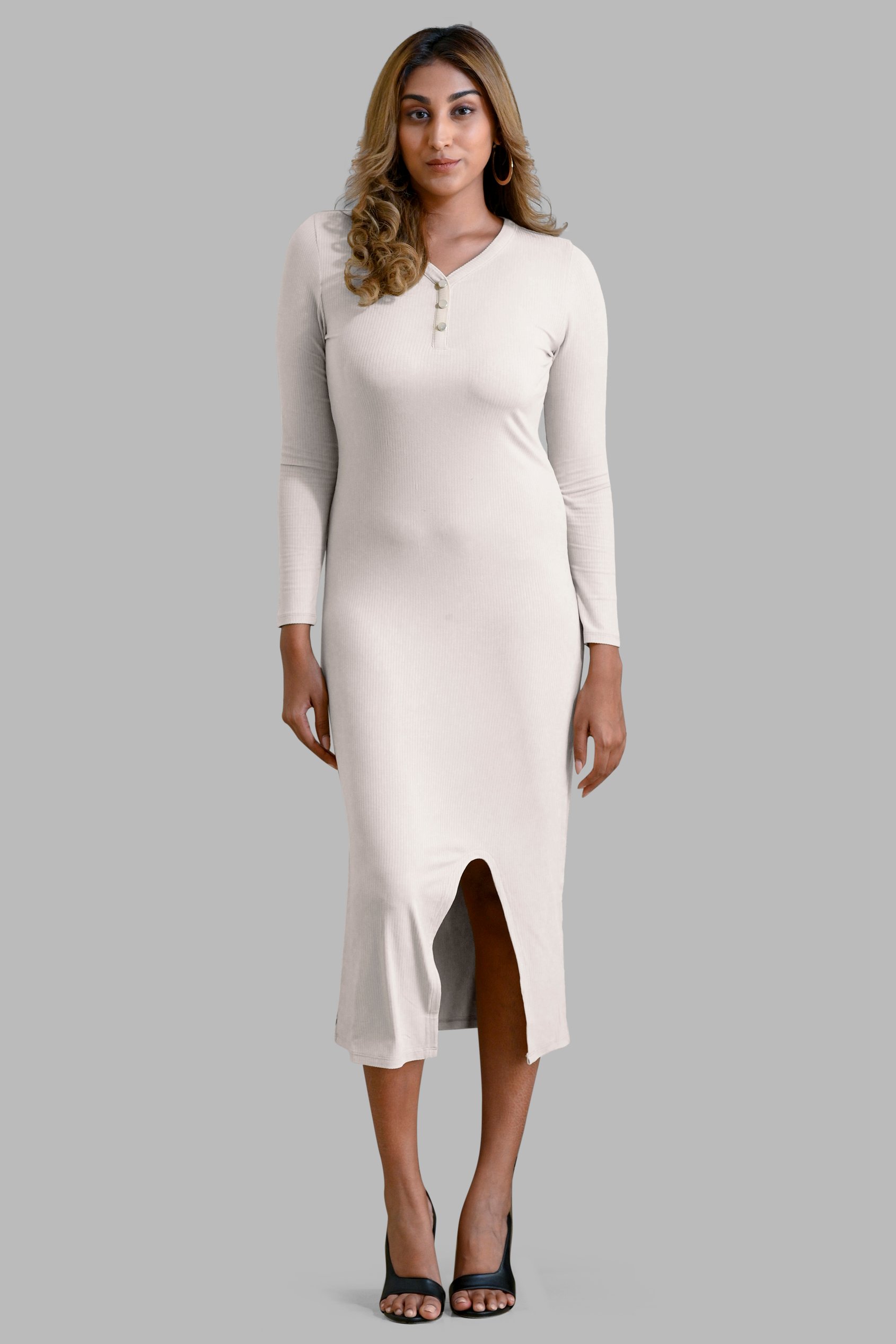 Womens Front Slit Ribbed Midi Dress