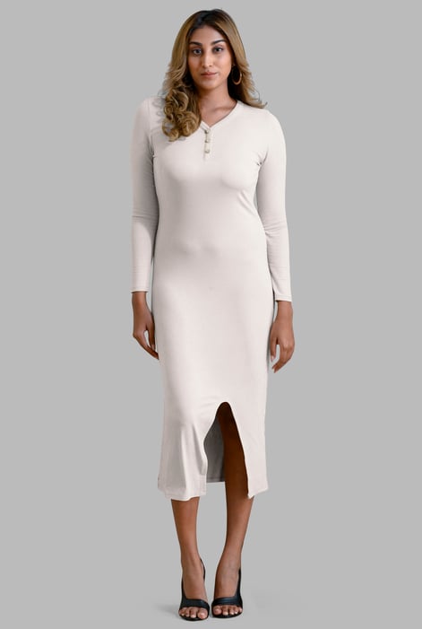 Womens Cream Front Slit Ribbed Midi Dress
