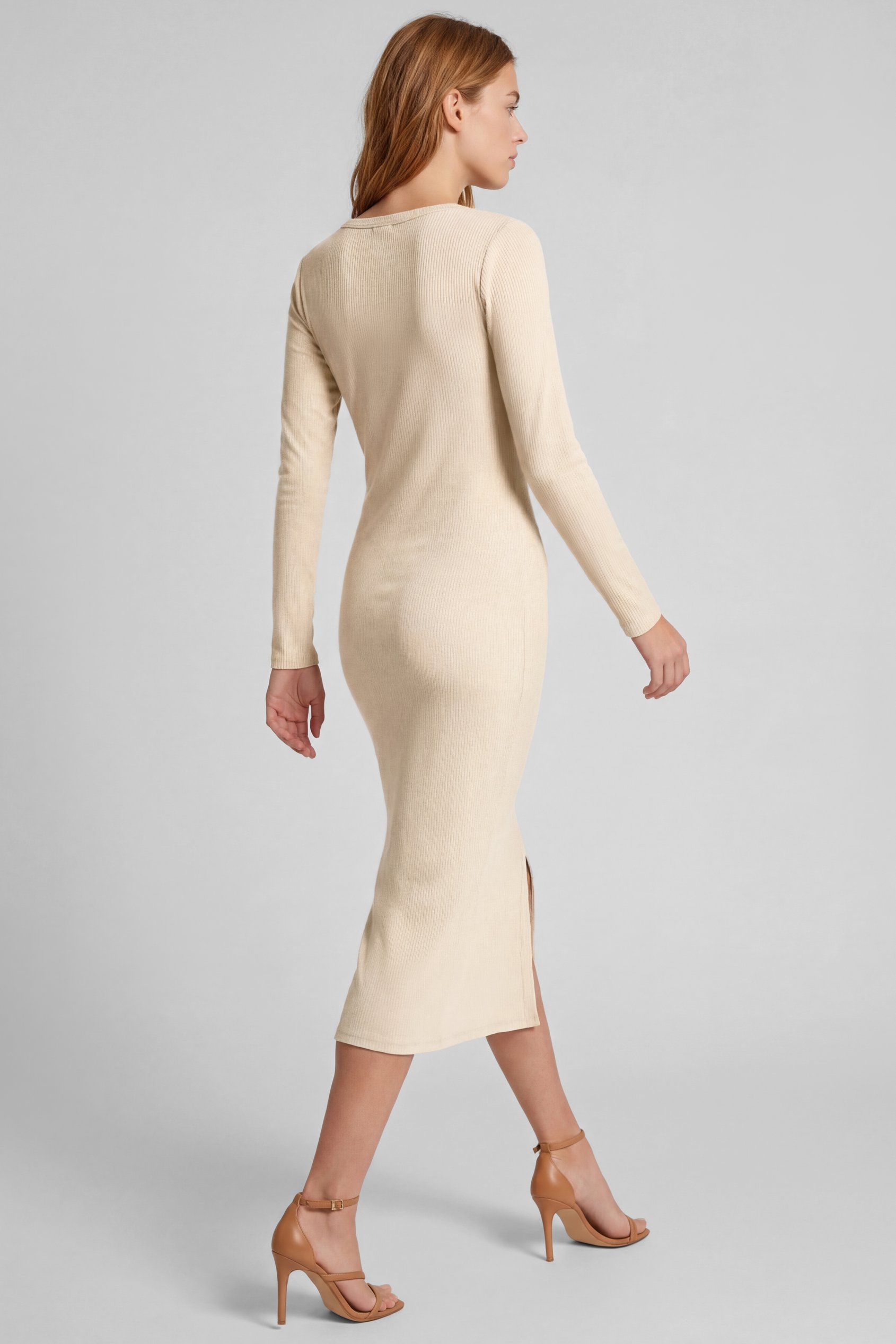 Womens Front Slit Ribbed Midi Dress