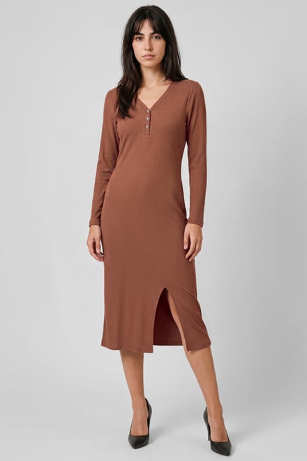 Womens Front Slit Ribbed Midi Dress