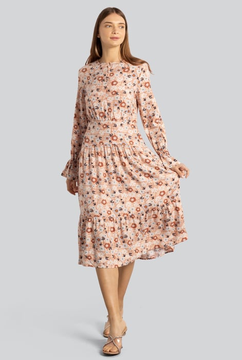 Brown Viscose Long Sleeve Midi Dress