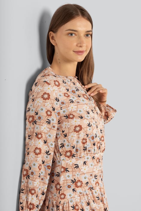 Brown Viscose Long Sleeve Midi Dress