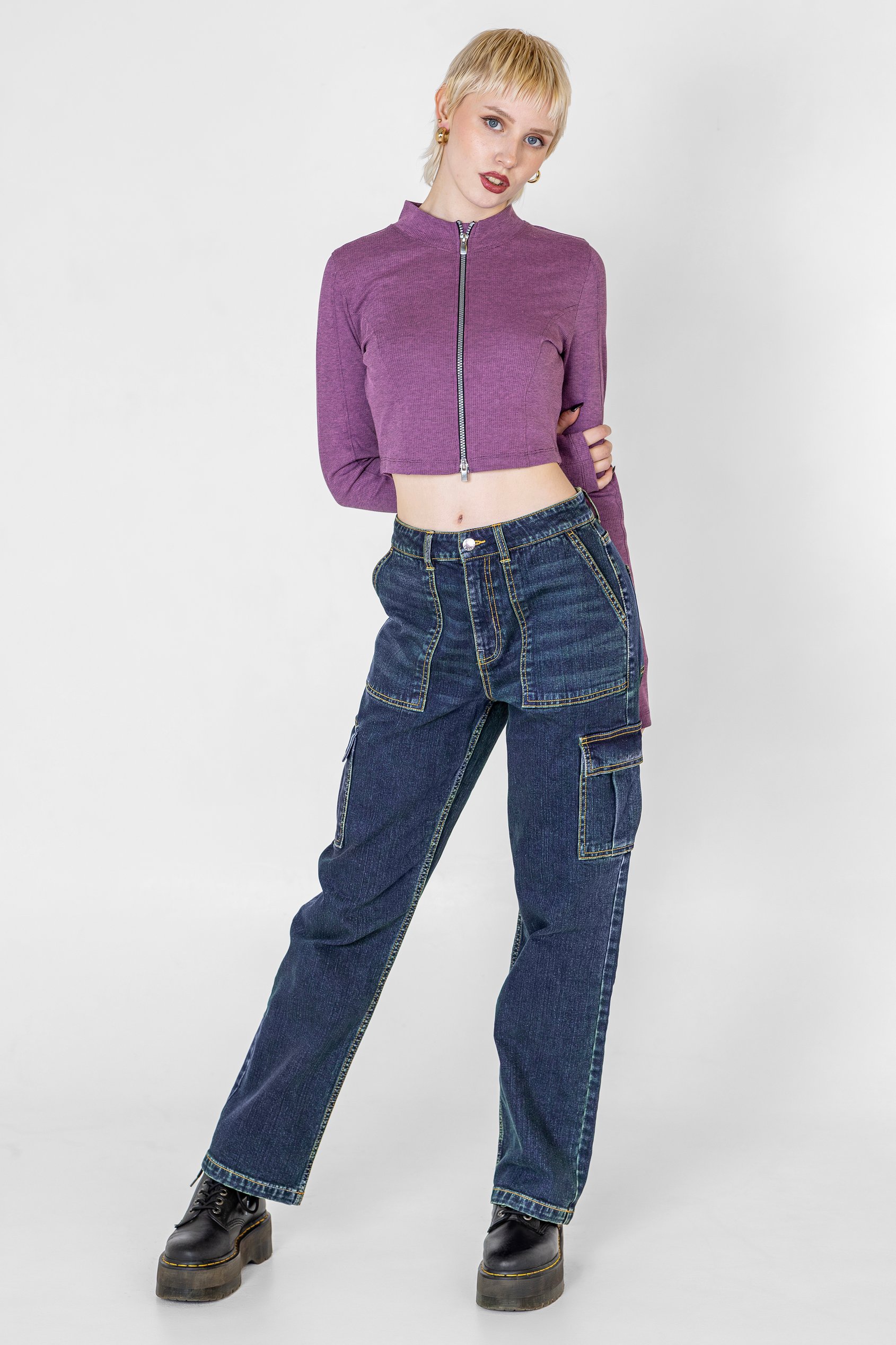 Enorsia Women's Blue Dark Navy Vintage Straight Leg Cargo Jeans - Uk 18