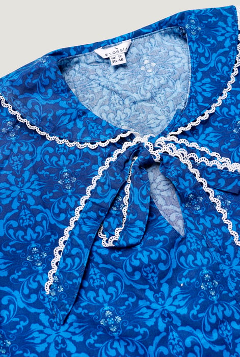 Women’s Blue Sleeveless Blouse with Lace Trim Print