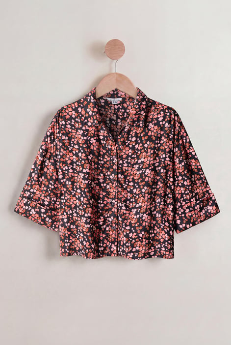 Women's Black Floral Cuban Collar Boxy Shirt