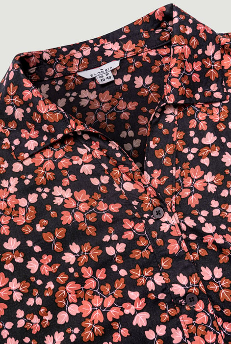 Women's Black Floral Cuban Collar Boxy Shirt