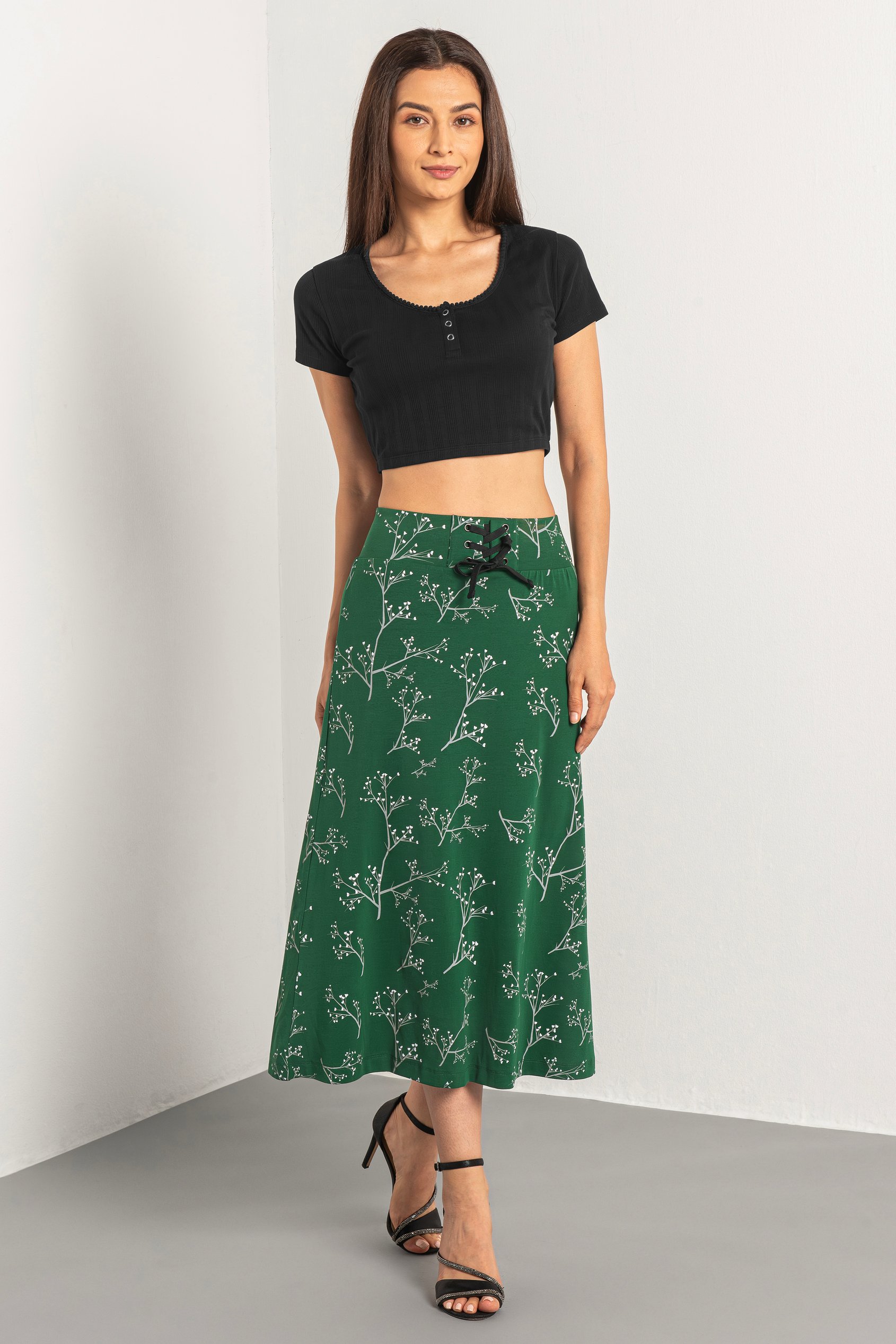 Women High Waist Lace Up A-Line Midi Skirt