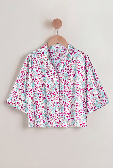Women's Black Floral Cuban Collar Boxy Shirt